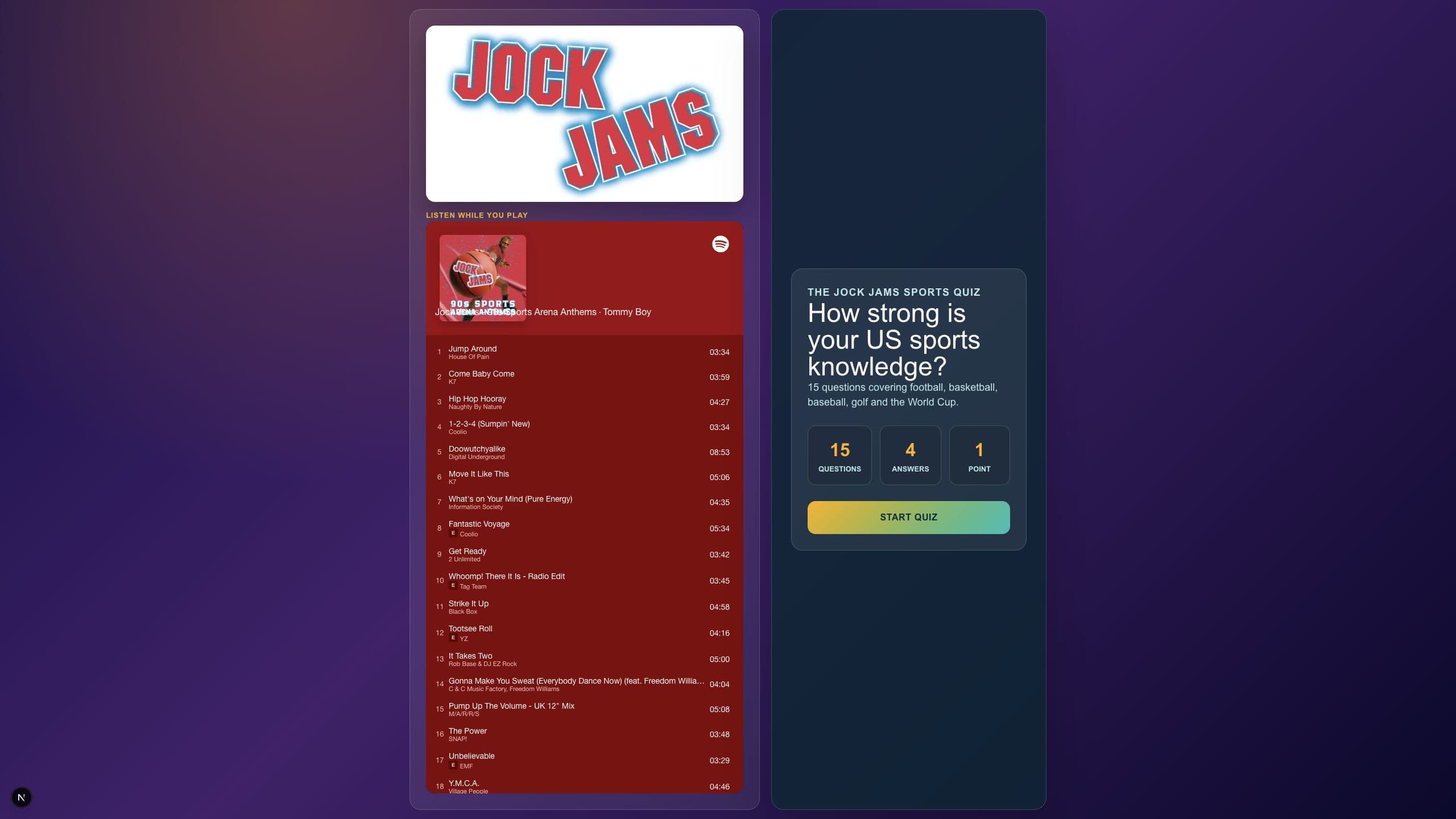 Opening screen of the Jock Jams Sports Quiz.